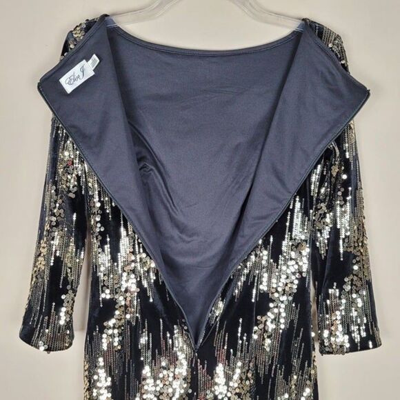 Eliza J Size 2 Sequin Velvet Shift Mini Dress 3/4 Sleeve Party Black Gold - Picture 9 of 12